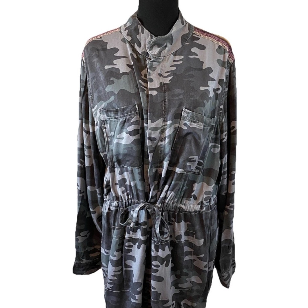 Knox Rose Chambray Women’s Camo Shacket Button Down Snaps Drawstring (XL) NWT